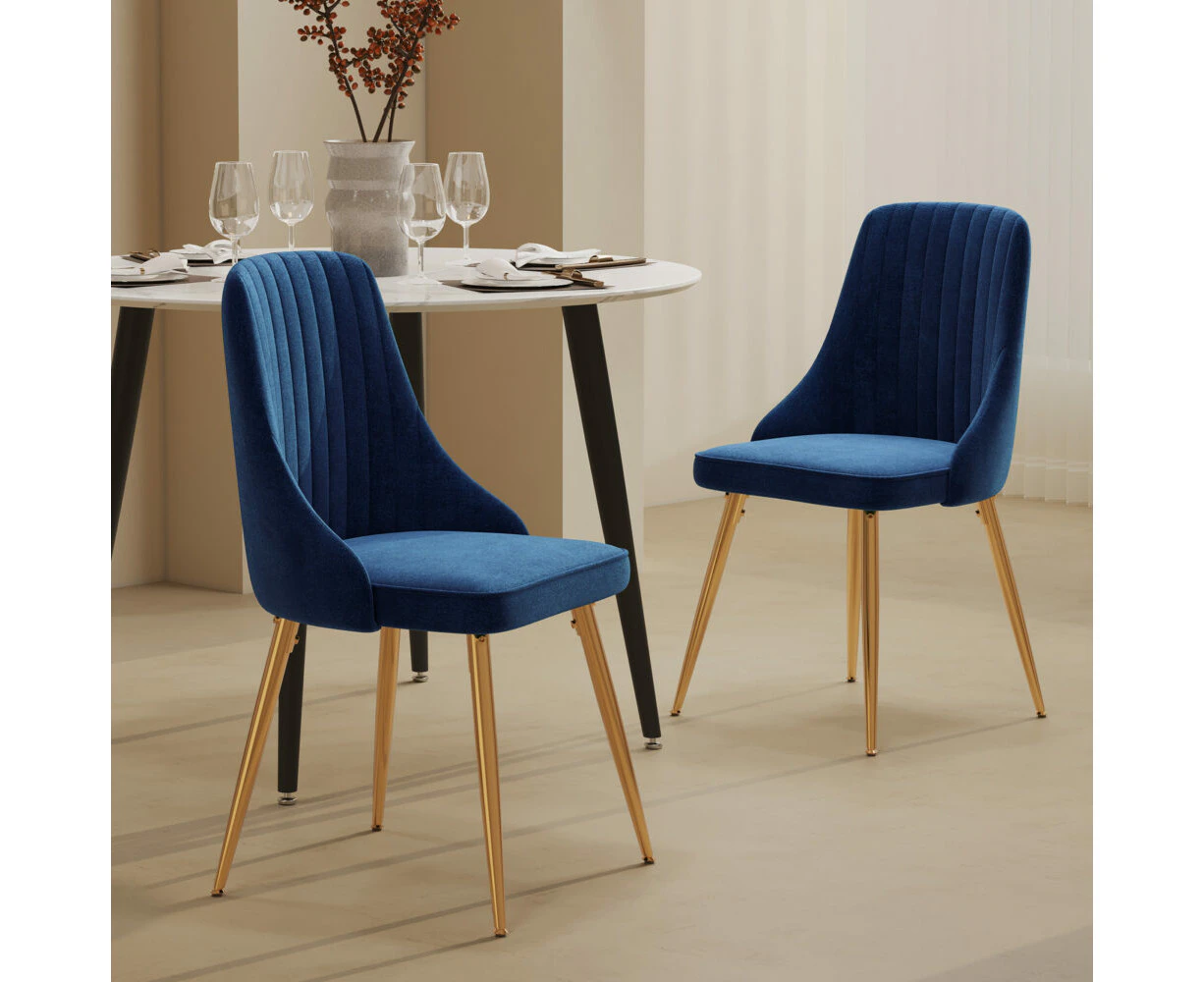 Viva Forever Set of 2 Blue Velvet Dining Chairs - Art Deco Design with Gold Metal Legs