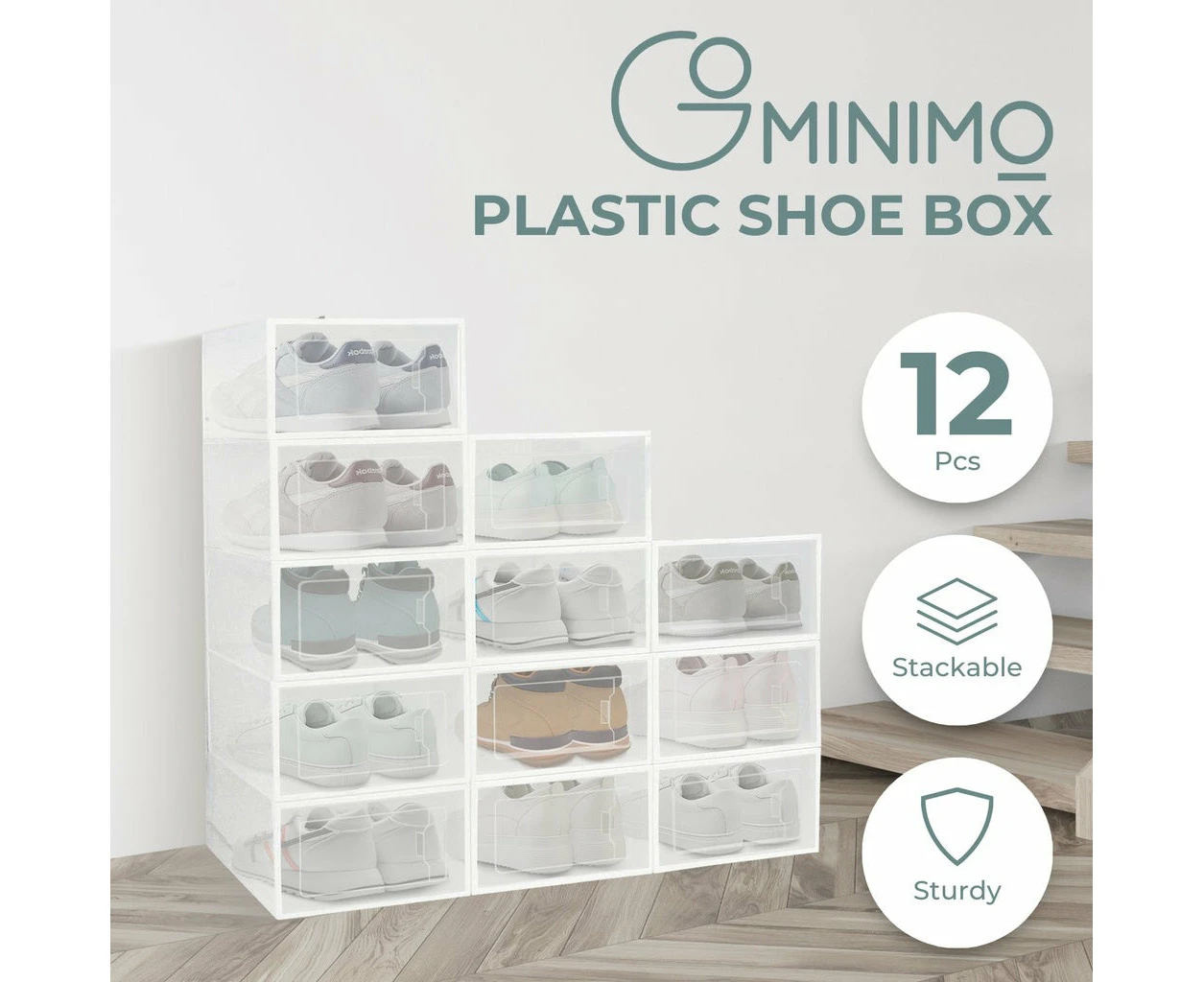 GOMINIMO Plastic Shoe Box  12PCS Medium Size Premium (White)