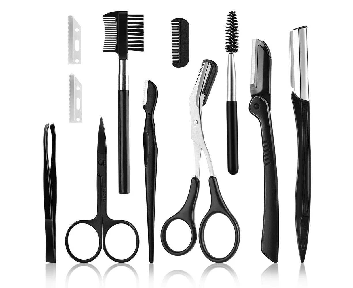 11Pcs Professional Eyebrow Trimming Tool Set Eyebrow Shaping Knife Tweezers Comb Pencil Eyebrow Trimming Clip Make Up Tool Kit