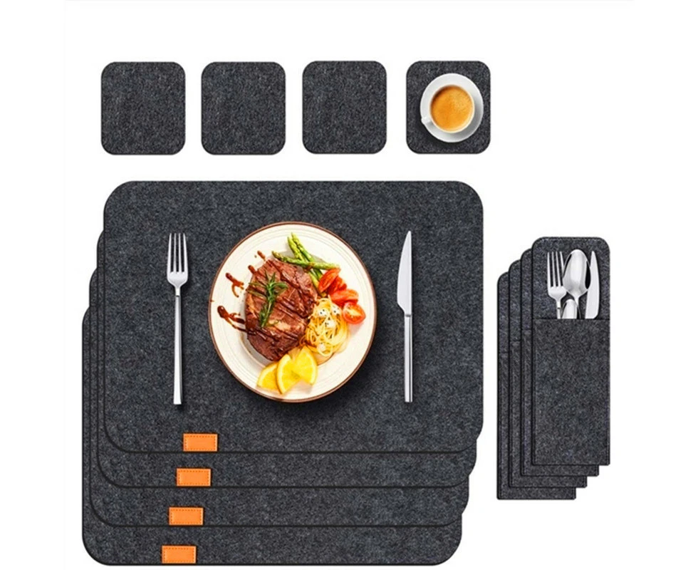 8 Pack Felt Placemats Coasters Cutlery Set Heat-Resistant Non-Slip Table Mats for Home-Dark Gray