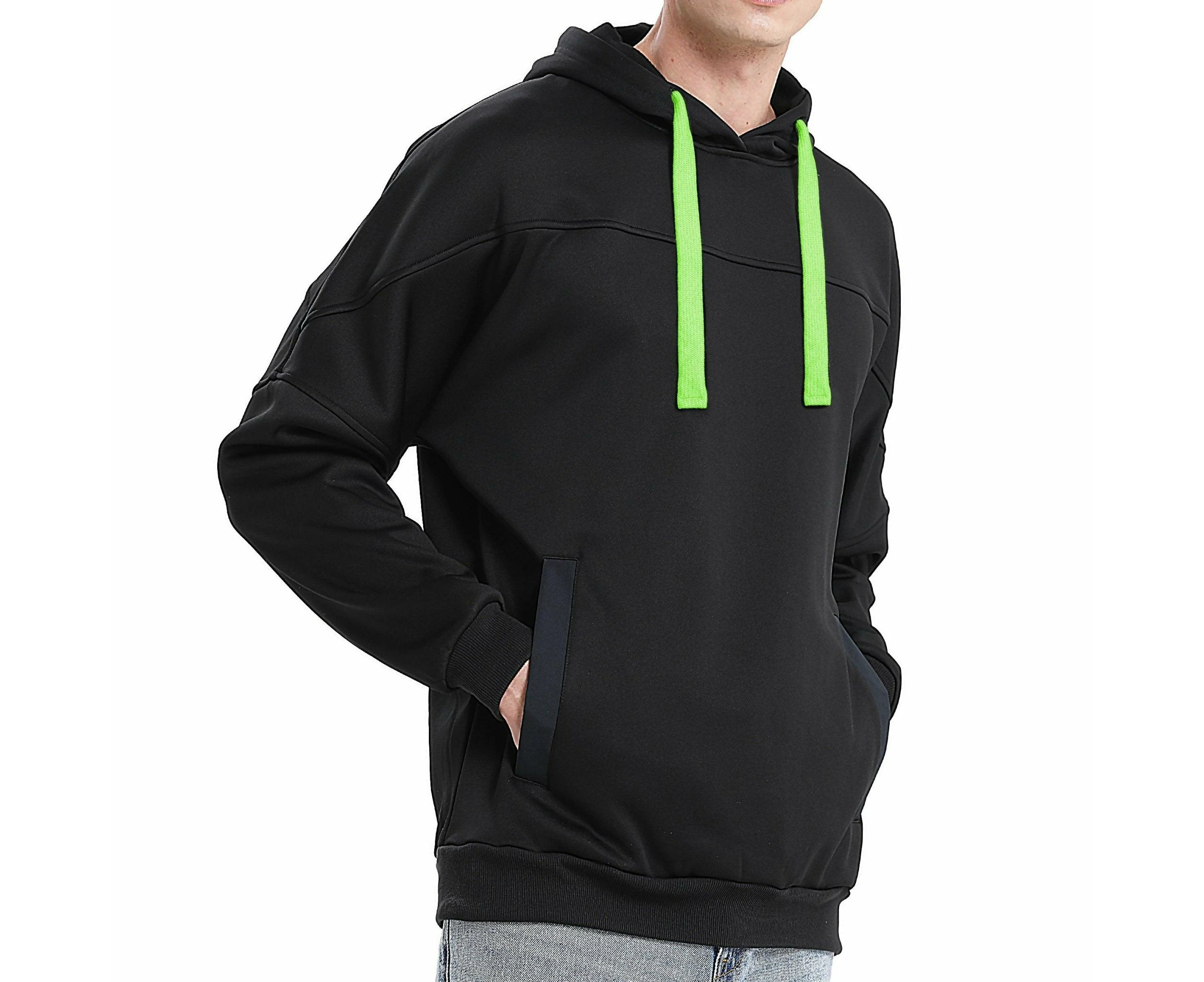 Drawstring Hoodie Jumper Fleece Sweatshirts Plain Black with Contrast drawstring - Black Lime