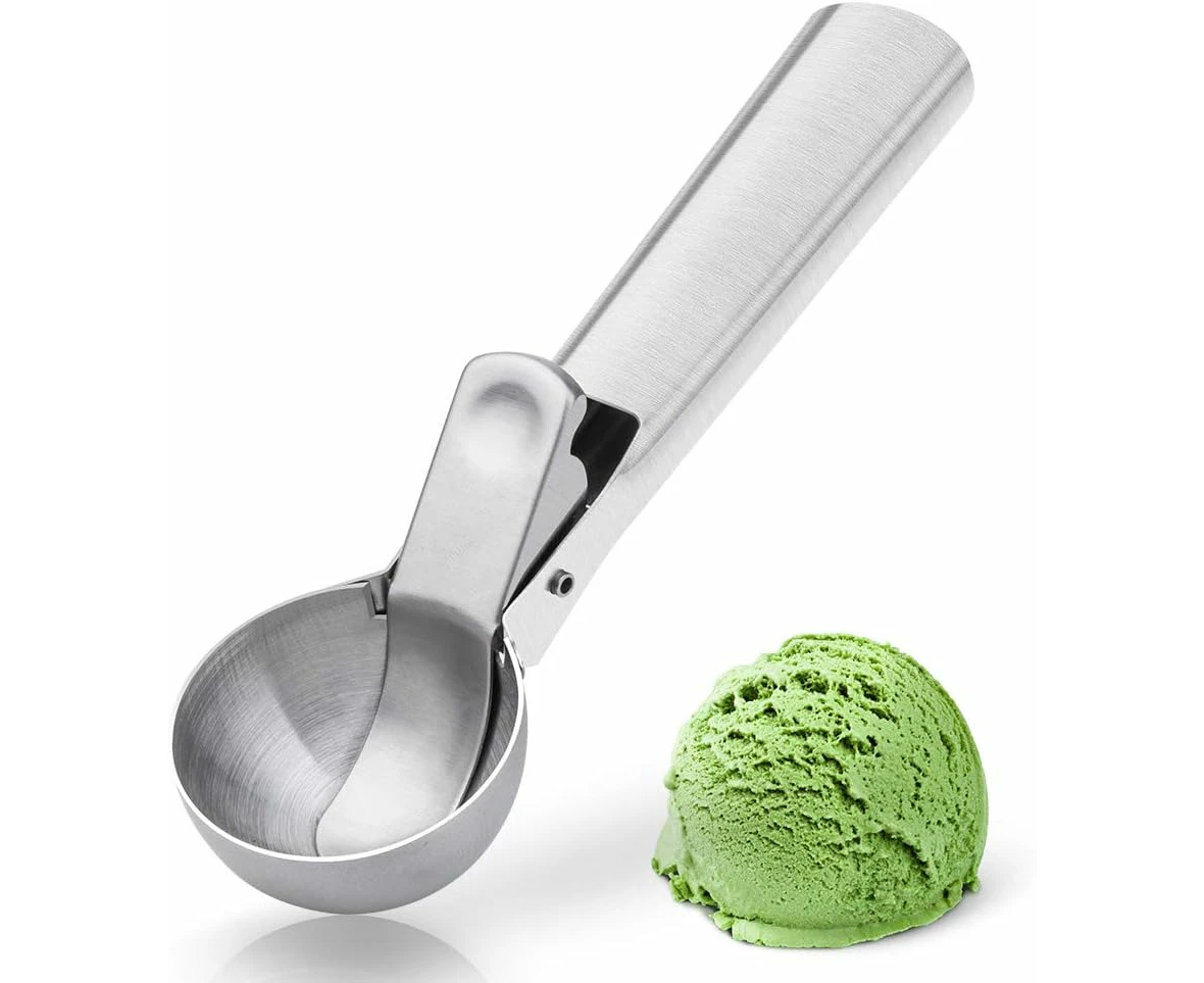 Premium Stainless Steel Ice Cream Scoop With Trigger Dishwasher Safe, Heavy Duty Metal Icecream Scoop Spoon With Anti-Freeze Handle, Perf