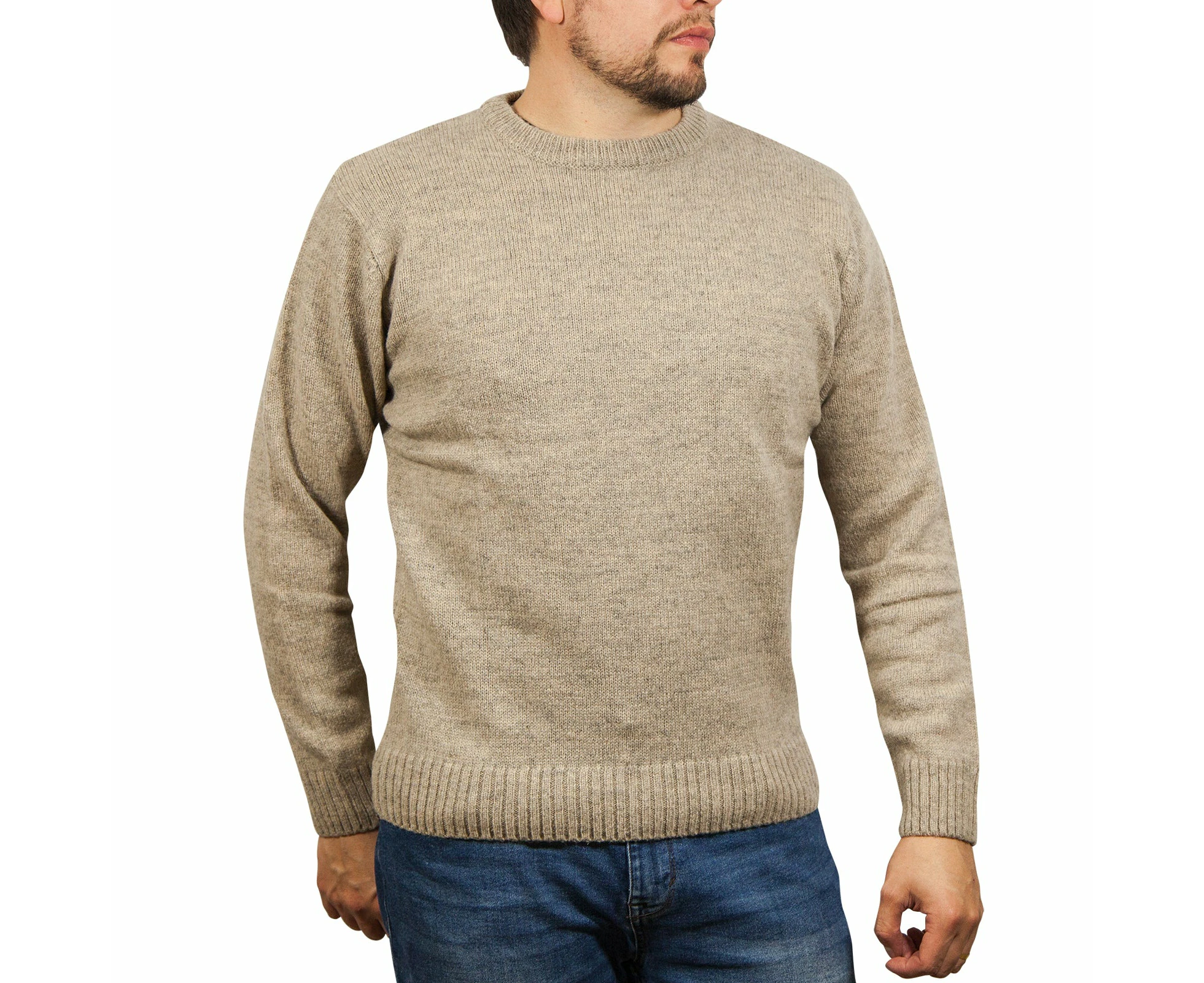 Jumpers 100% Shetland Wool Crew Round Neck Knit Jumper Pullover Mens Sweater Knitted Beige (03)