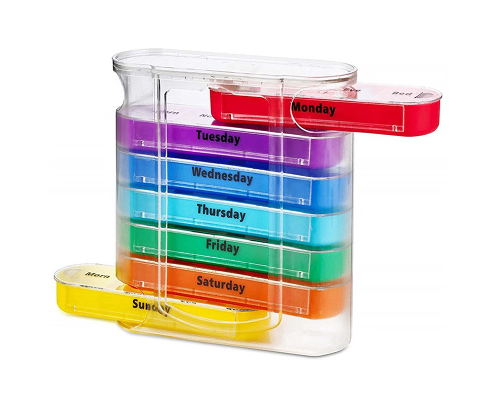 Portable Weekly 7 Days Pill Box Colorful Design Stackable 4 Times a Day Medicine Storage Dispenser/Plastic Pill Organizer Boxs