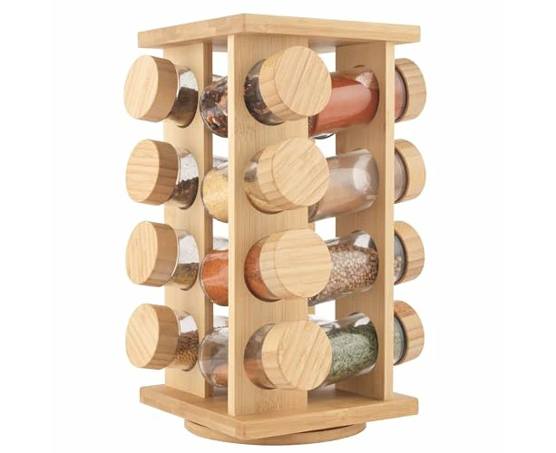 Bamboo Spice Rack – Rotating Rack 16 Jars Included Screw Top Lids