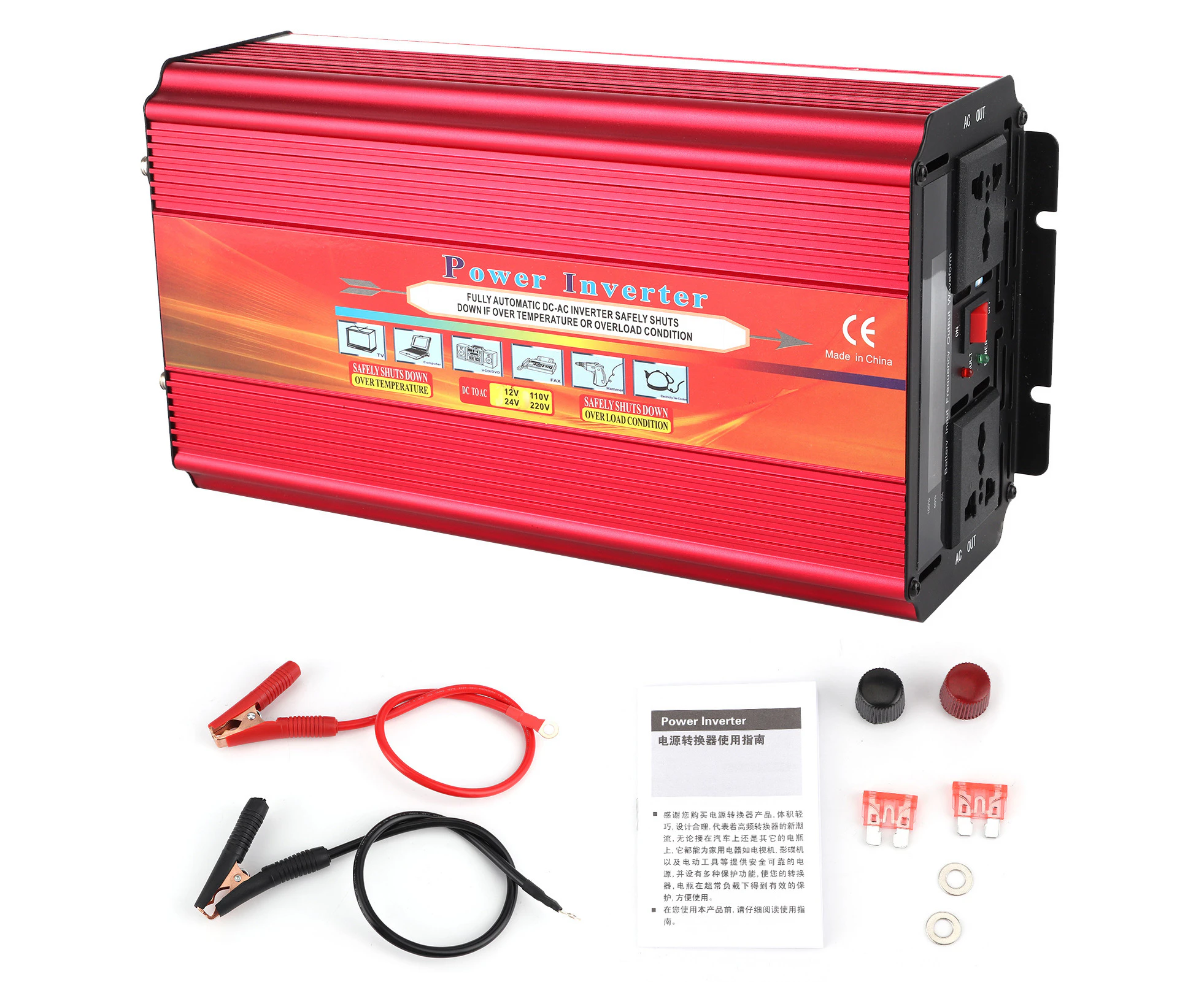 4000W DC12V to AC Inverter LCD Display Dual Universal Plugs 2 Fans Correction Waves Converter for Home Car Outdoor(AC220V 50+/3Hz )