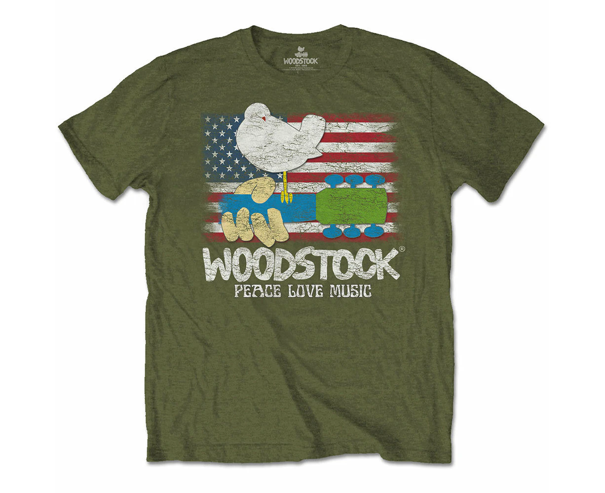 Woodstock T Shirt Flag Logo  Official Mens Military