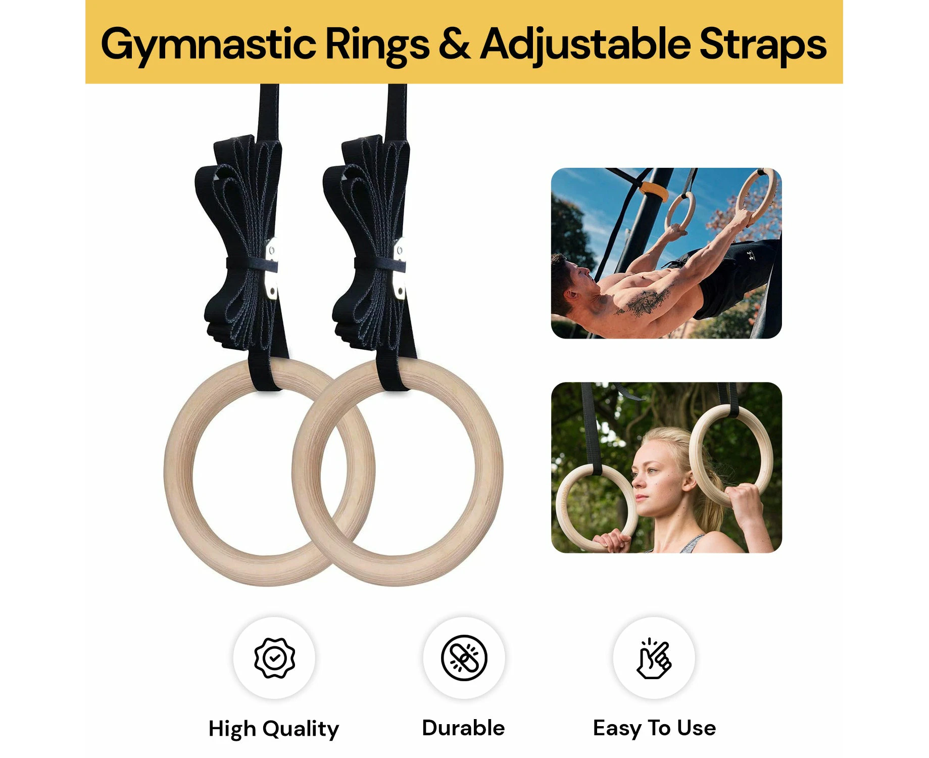 2PCs Gymnastic Rings With Adjustable Straps