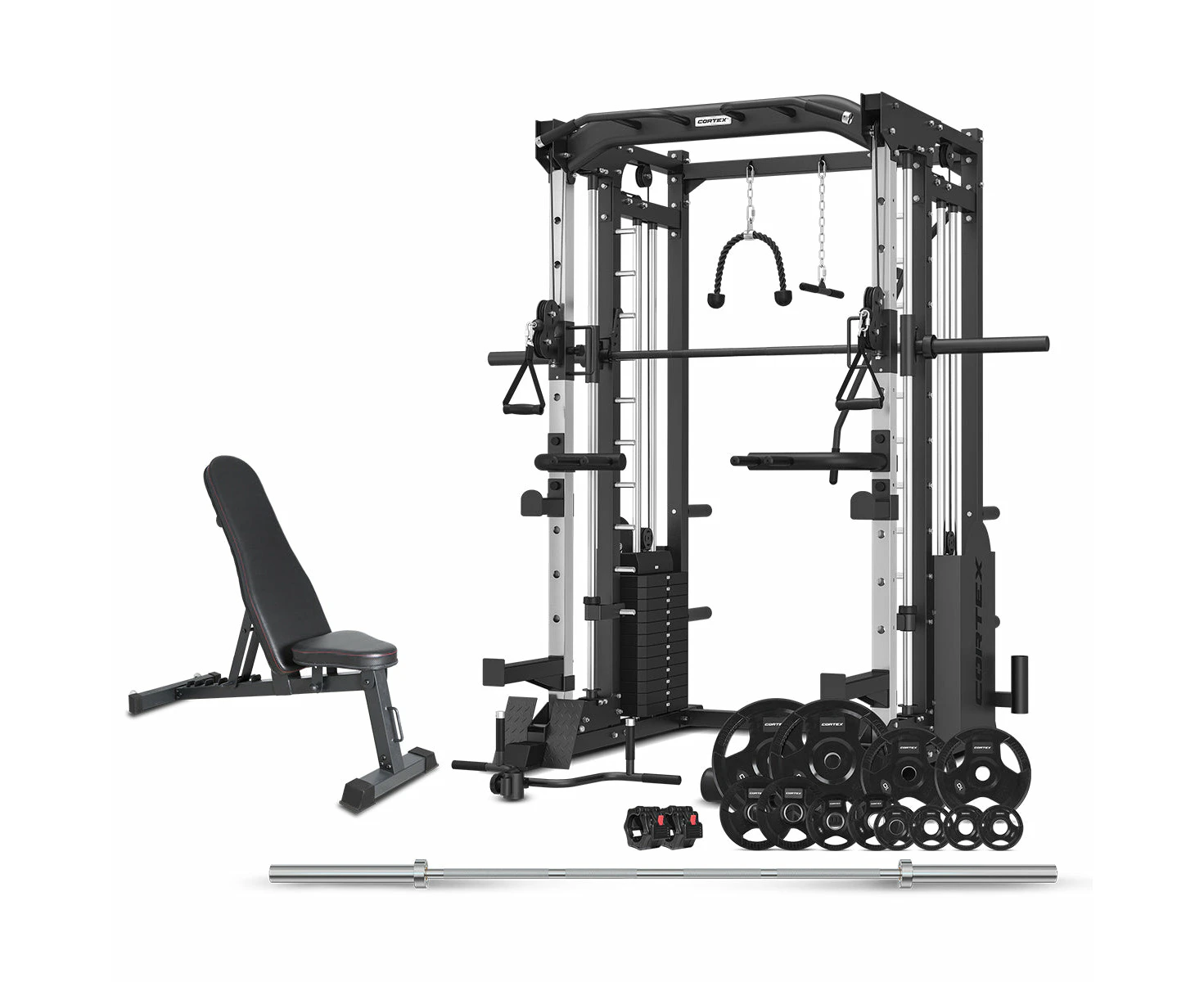 CORTEX SM-25 6-in-1 Power Rack with Smith & Cable Machine + BN6 Bench + 100kg Olympic Weight Plate & Barbell Package