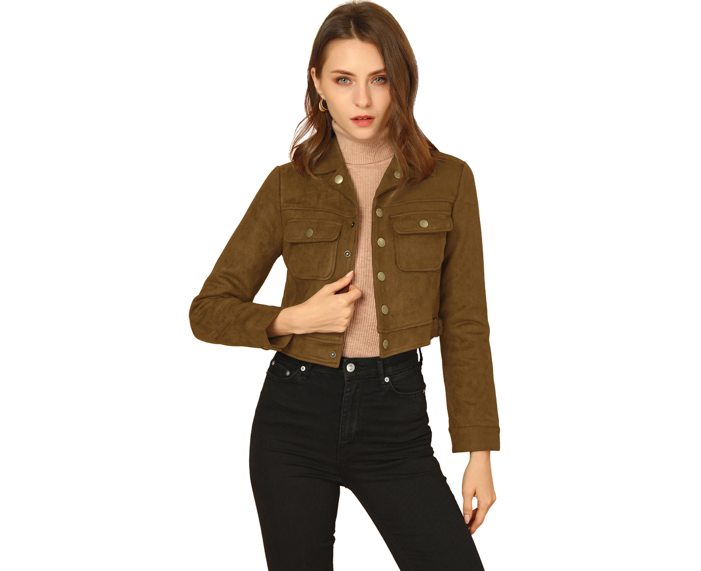 Allegra K Casual Faux Suede Cropped Jacket with Pockets