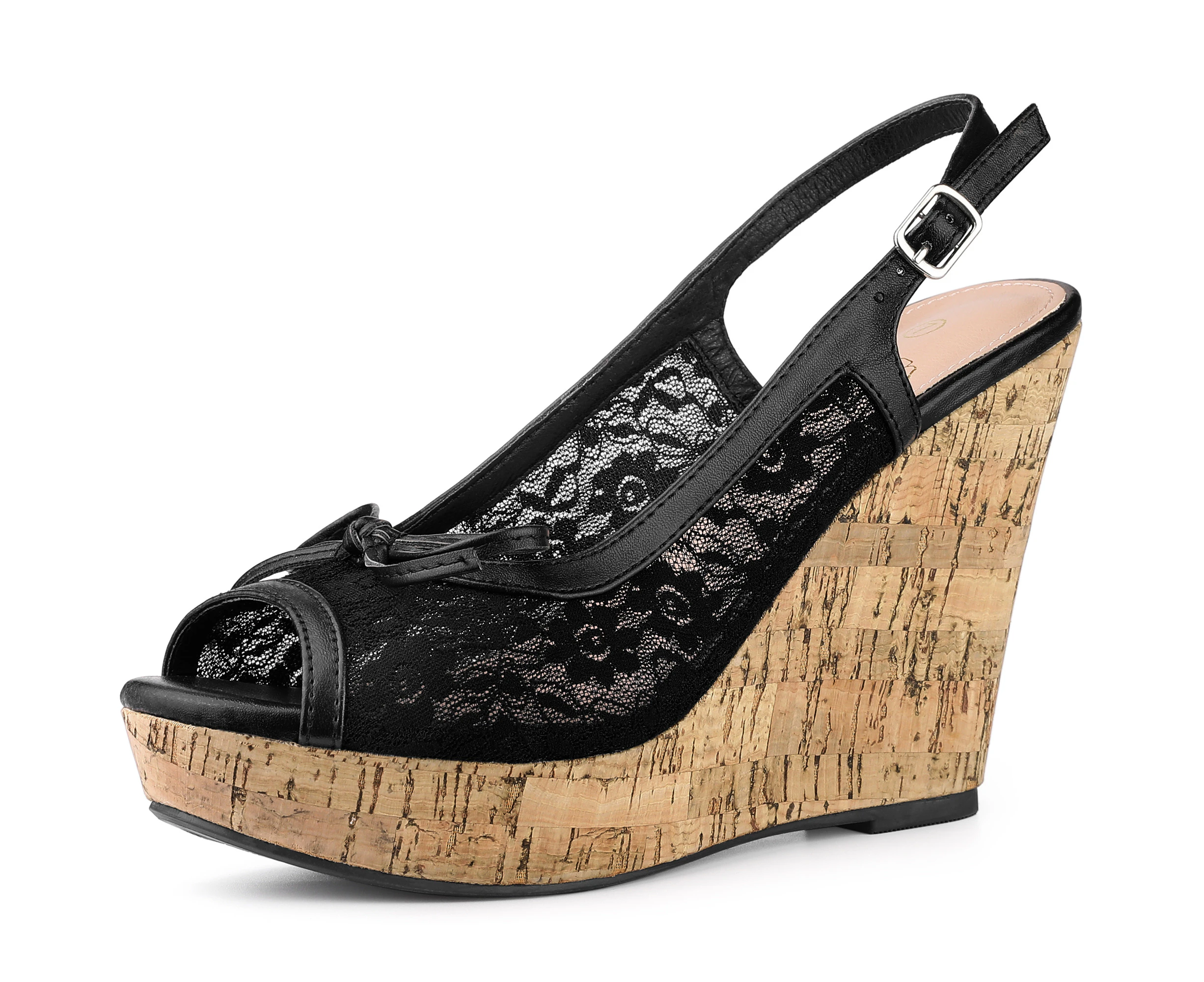 Perphy Platform Heels Lace Bow Slingback Wedge Sandals