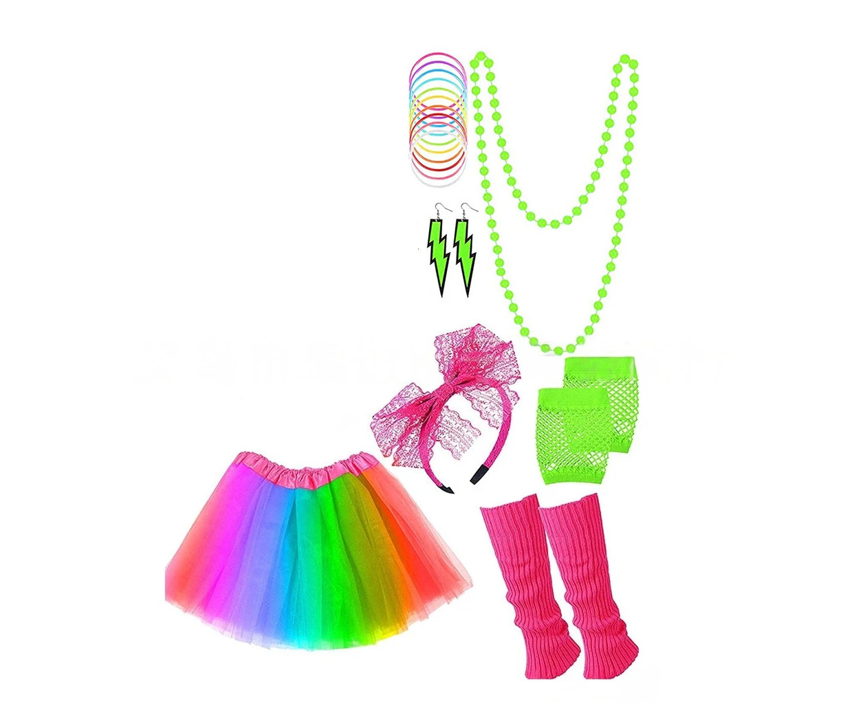 Deluxe 80s Costume 1980 Party Accessories Tutu Leg Warmers Necklace Earrings Gloves Hen Fancy Dress - Rainbow