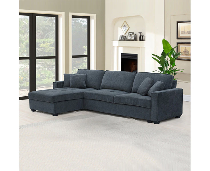 Corner Sofa Chaise Polyester Fabric Multilayer Two Pillows in Charcoal Colour