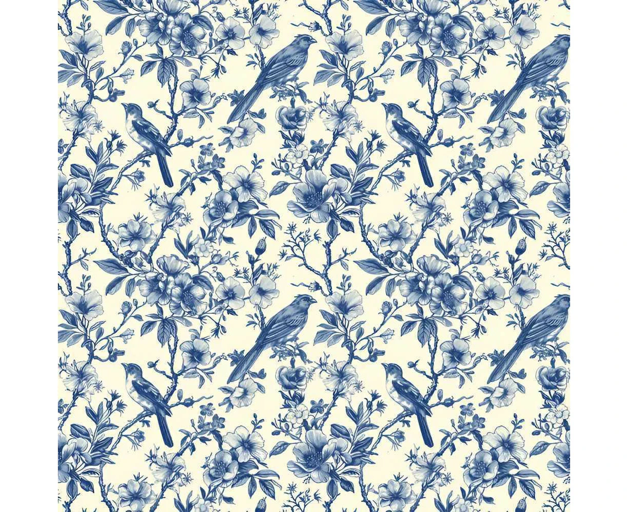 Devonstone Toile de Jouy Birds Blue Fabric DV6621