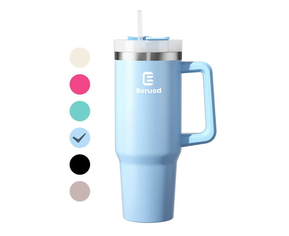 40oz Insulated Tumbler with Handle and Straw, Double Wall Vacuum Stainless Steel Coffee Cup Travel Mug,Insulated Flask,Thermo Mug Water Bottle,LightBlue