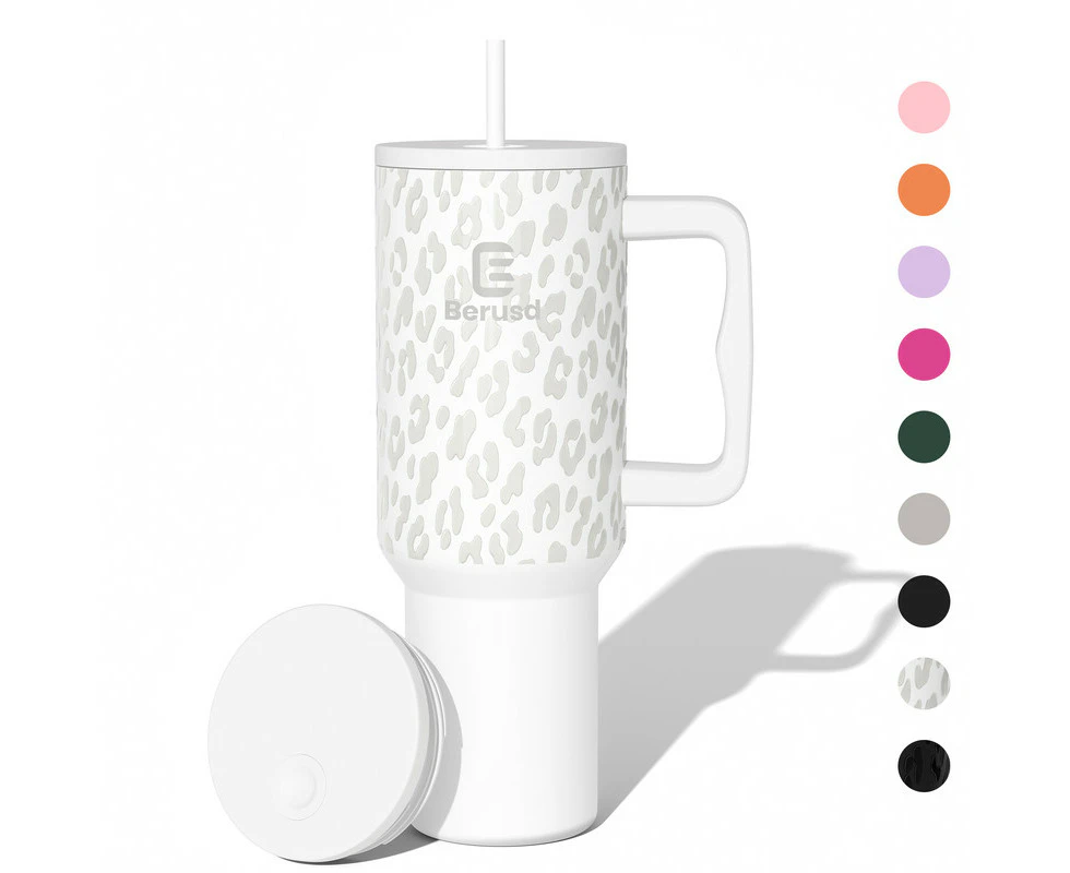 1.2L Tumbler with Handle and Straw Lid Reusable Insulated Cup Modern Stainless Steel Water Bottle Thermos Flask Travel Mug Coffee Cup White Leopard