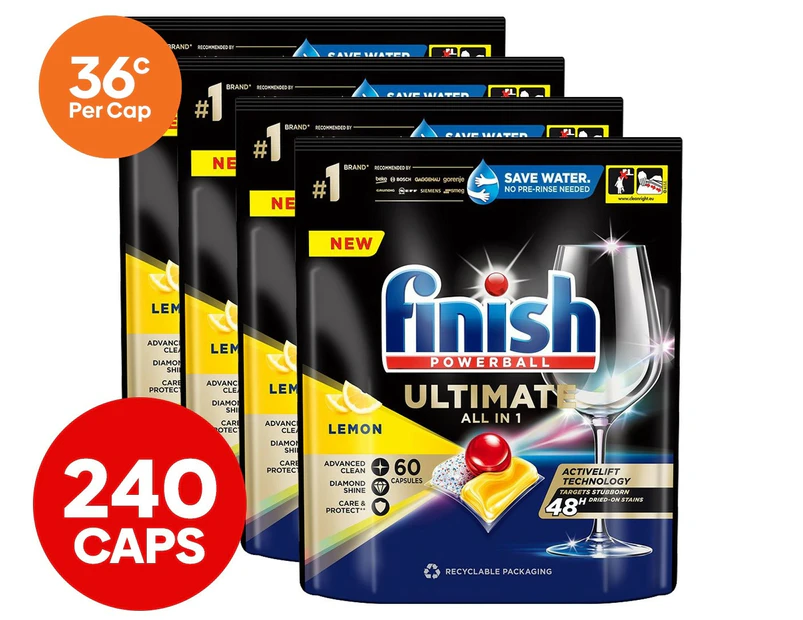 4 x 60pk Finish Powerball Ultimate All in 1 Dishwashing Caps Lemon