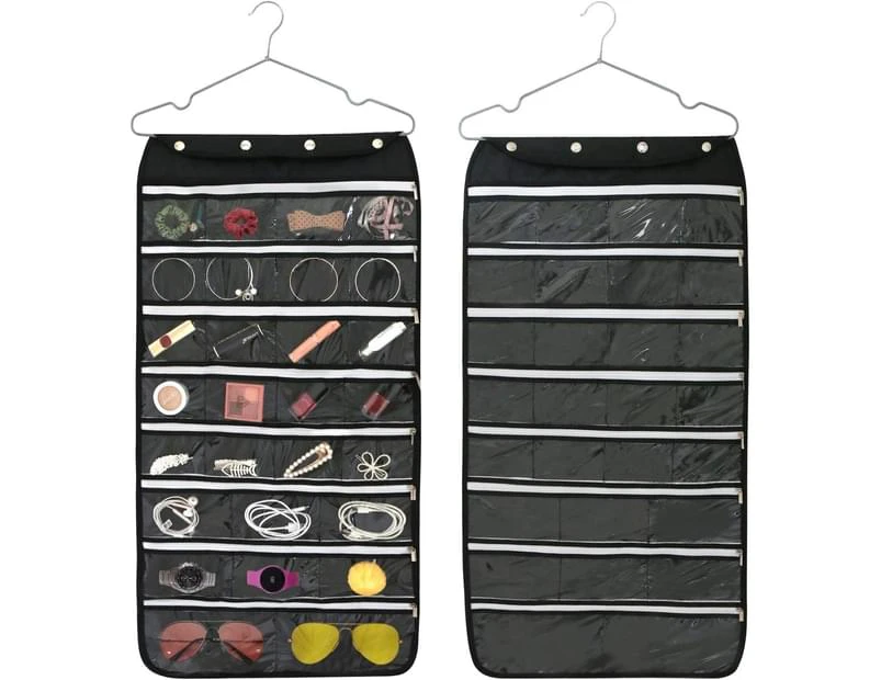 Hanging Jewelry Organizer with 56 Zippered Pockets Double Sided Hanging Jewelry Storage Bags 56 Pockets (Black, 56 pockets)