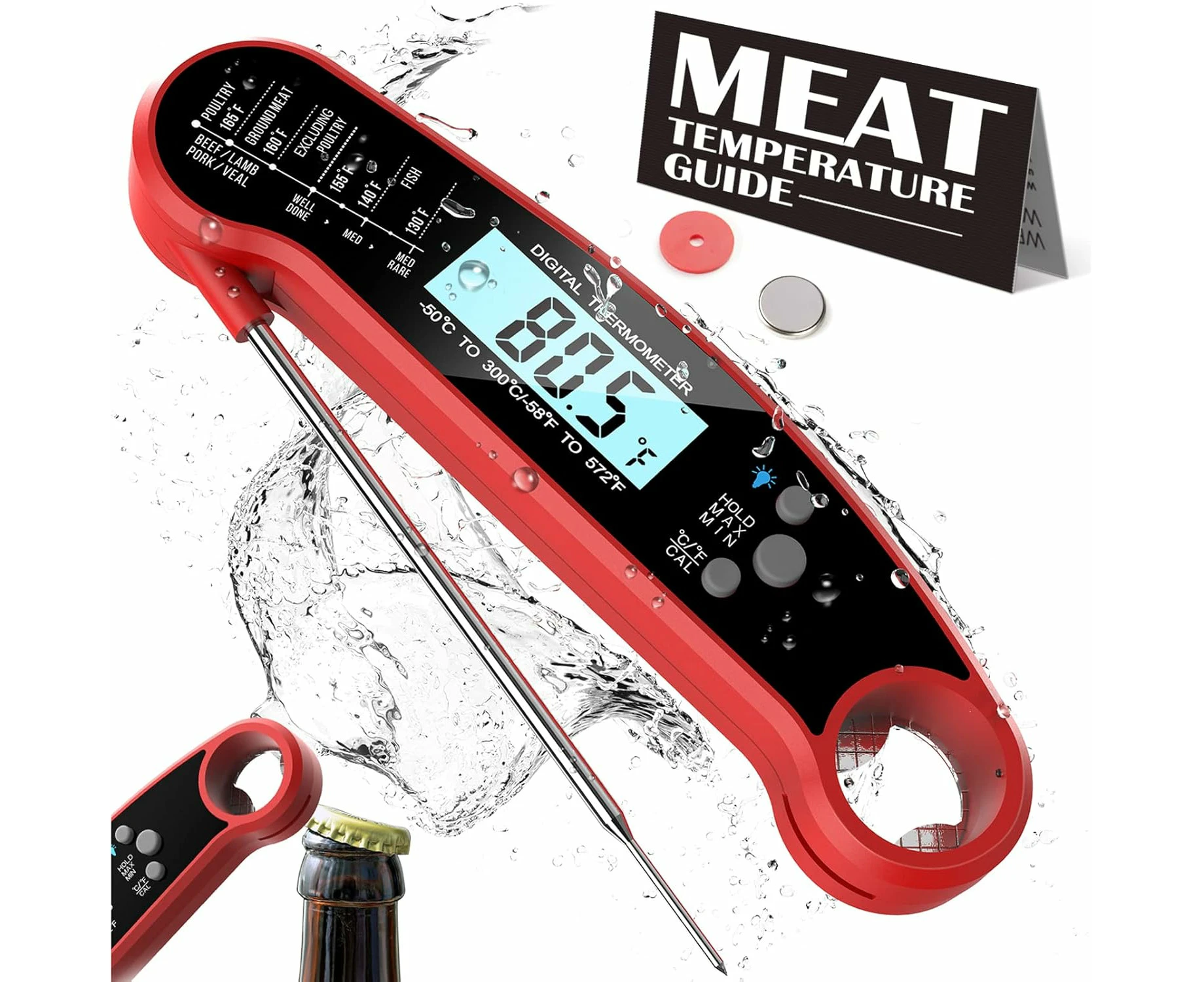 Meat Thermometer for Grilling - Digital Instant Read Wireless Cooking Thermometer for BBQ and Kitchen - Ultra Fast Digital Food Thermometer - red