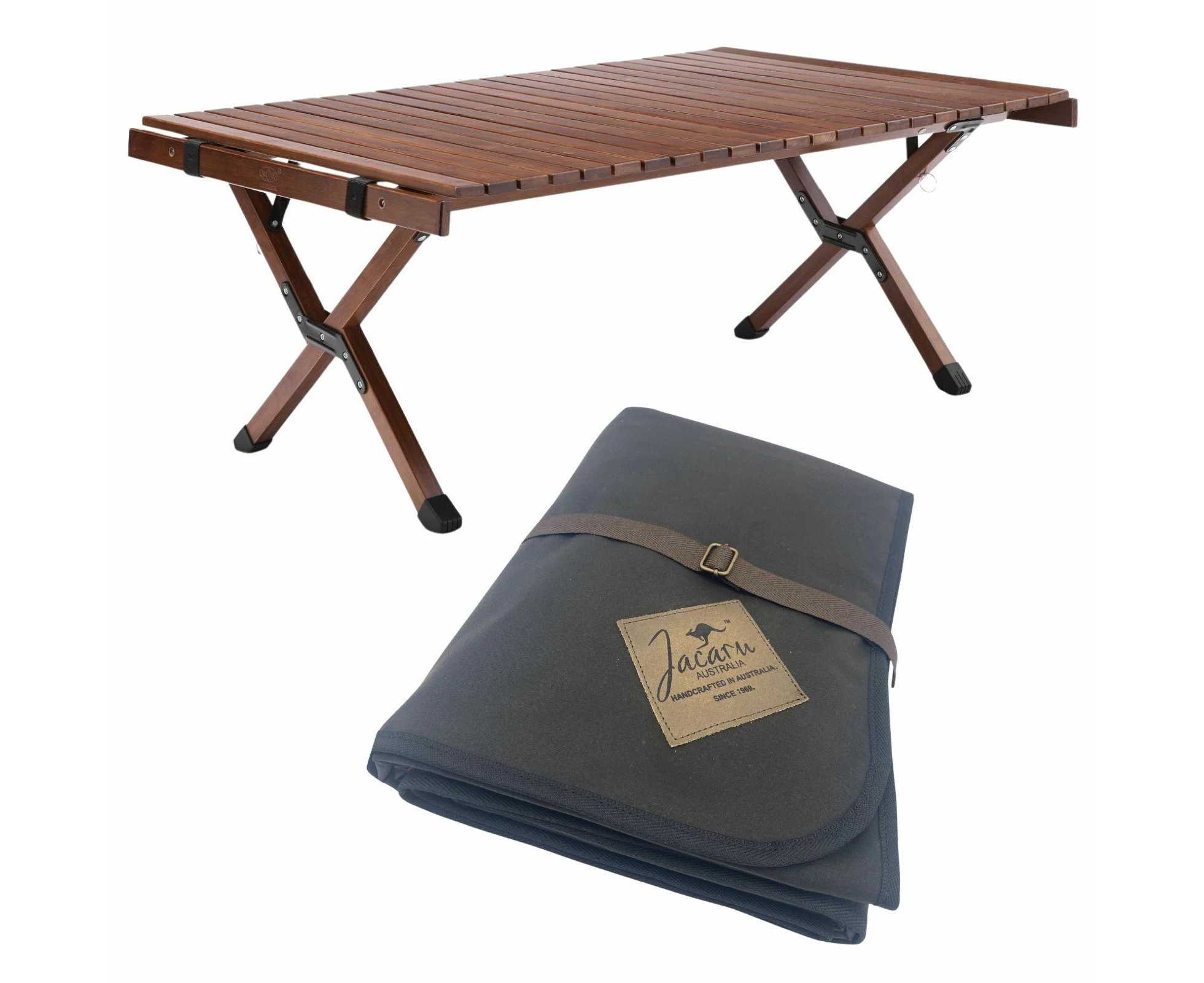 Wooden Foldable Camping Table 93cm + Jacaru Picnic Blanket 100% Cotton X-Large