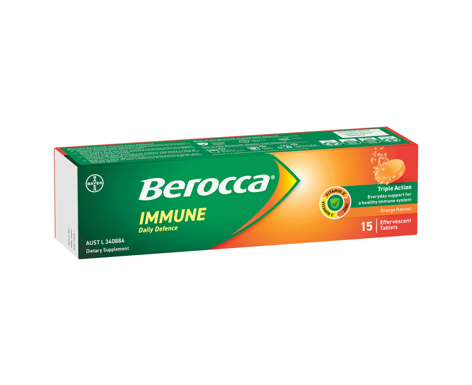 Berocca Immune Daily Defence Vitamin C, D and Zinc, Orange Flavoured Effervescent Tablets 15 Pack