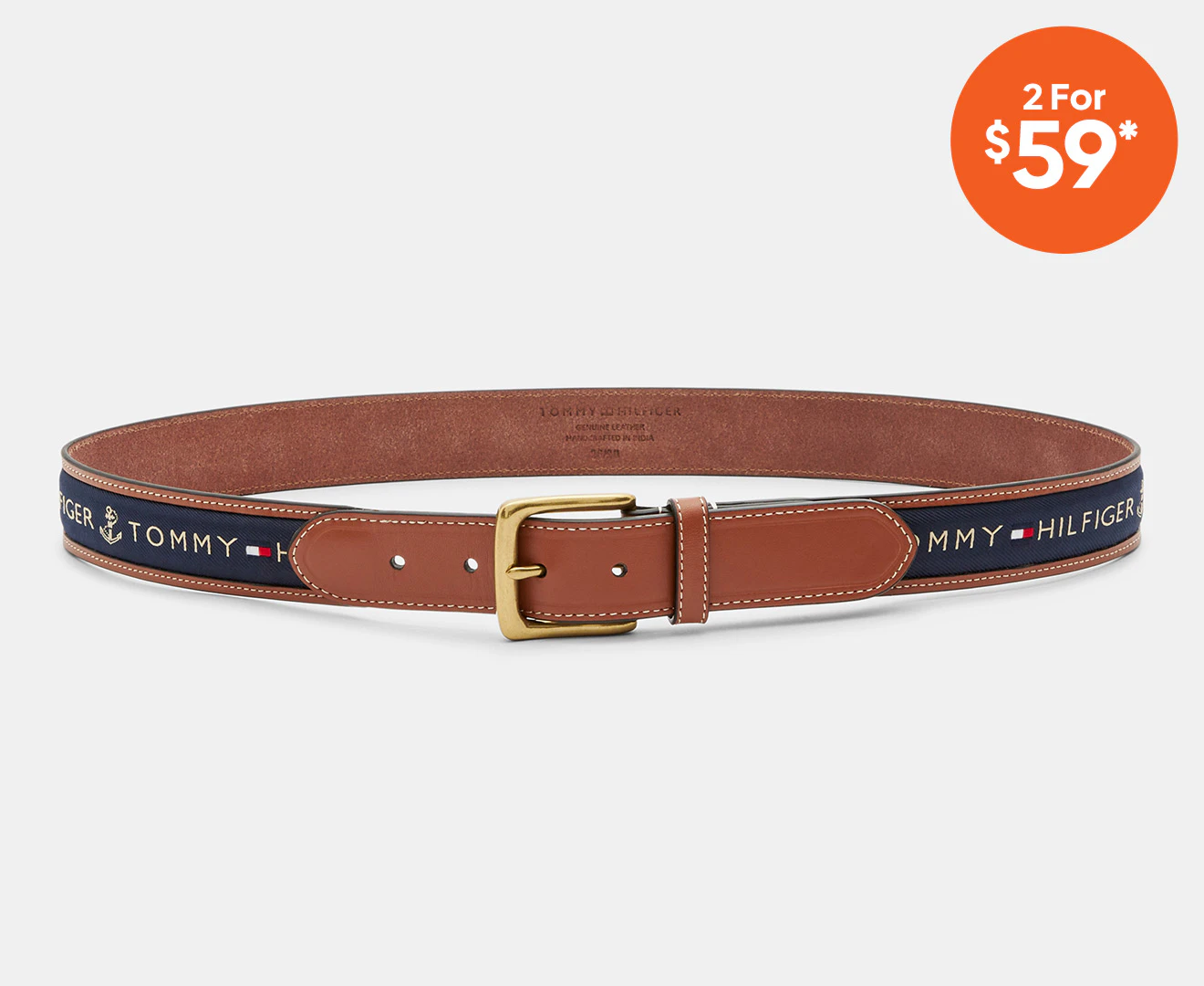 Tommy Hilfiger Men's Ribbon Inlay Anchor Logo Belt - Tan/Navy