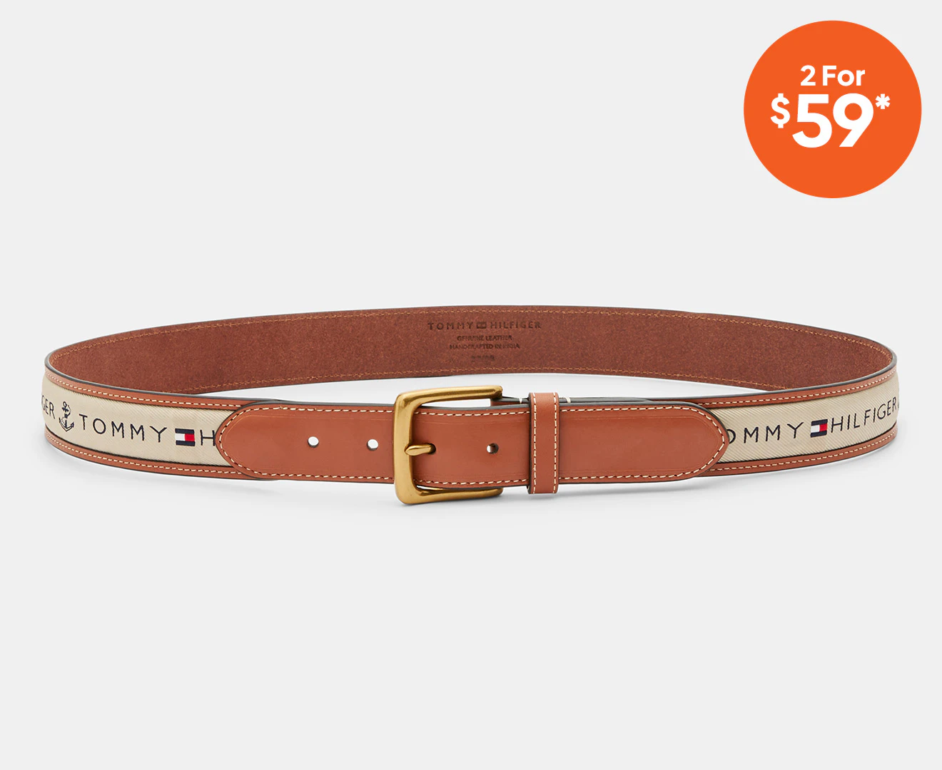 Tommy Hilfiger Men's Ribbon Inlay Anchor Logo Leather Belt - Tan/Khaki