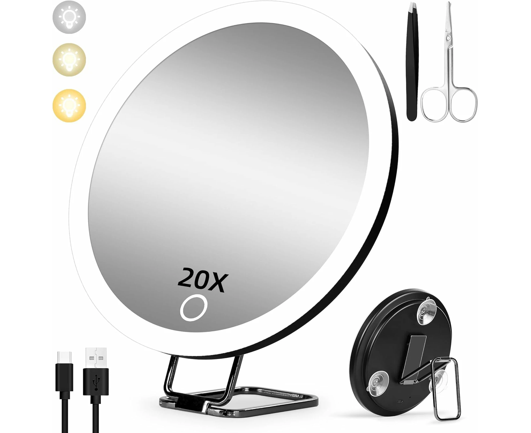 20X Magnifying Mirror with Light, Lighted Magnified Mirror with 3 Suction Cups and 360° Table Stand, Rechargeable 3 Colors Dimming Large 15cm Vanity