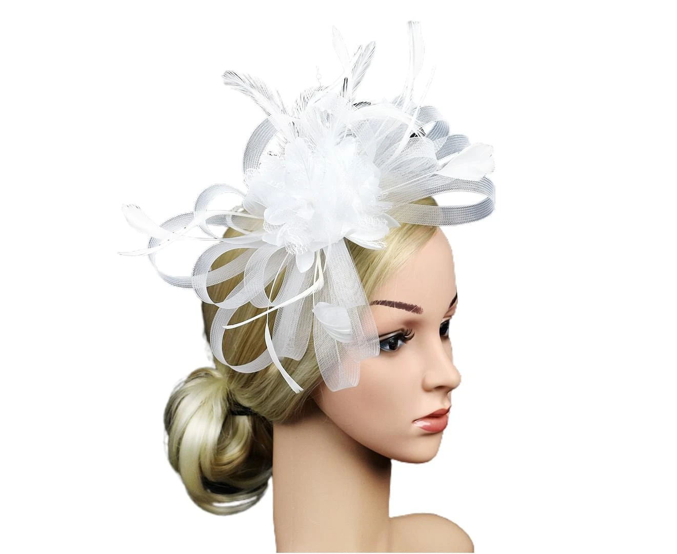 2Pcs Mesh Faux Feather Flower Shape Party Headwear Headband Hair Accessories White