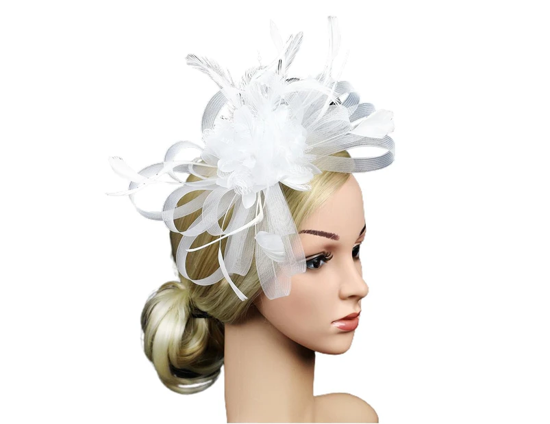 2Pcs Mesh Faux Feather Flower Shape Party Headwear Headband Hair Accessories White