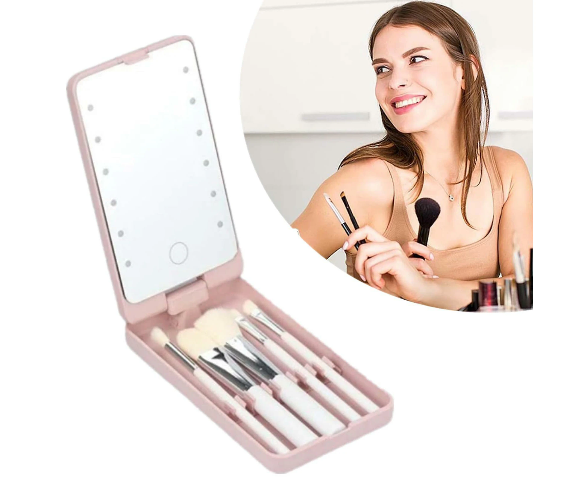 Travel Makeup Brush Set With LED Light Mirror With 5 Makeup Brush Sets For Gifts Pink