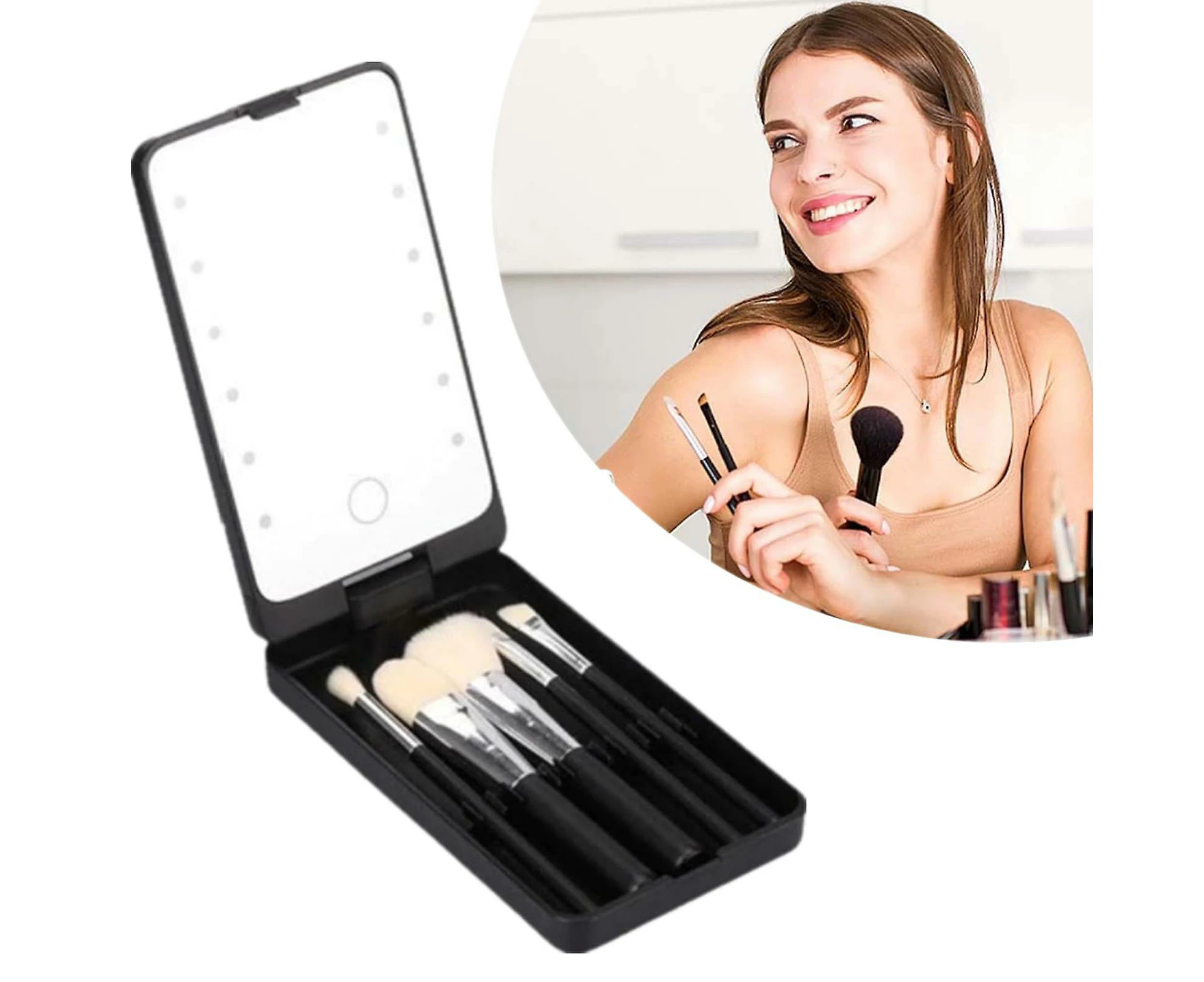 Travel Makeup Brush Set With LED Light Mirror With 5 Makeup Brush Sets For Gifts Black