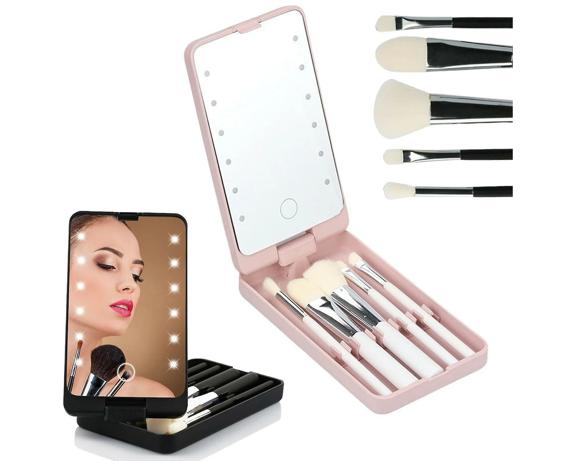 Travel Makeup Brush Set With LED Light Mirror With 5 Makeup Brush Sets For Gifts White