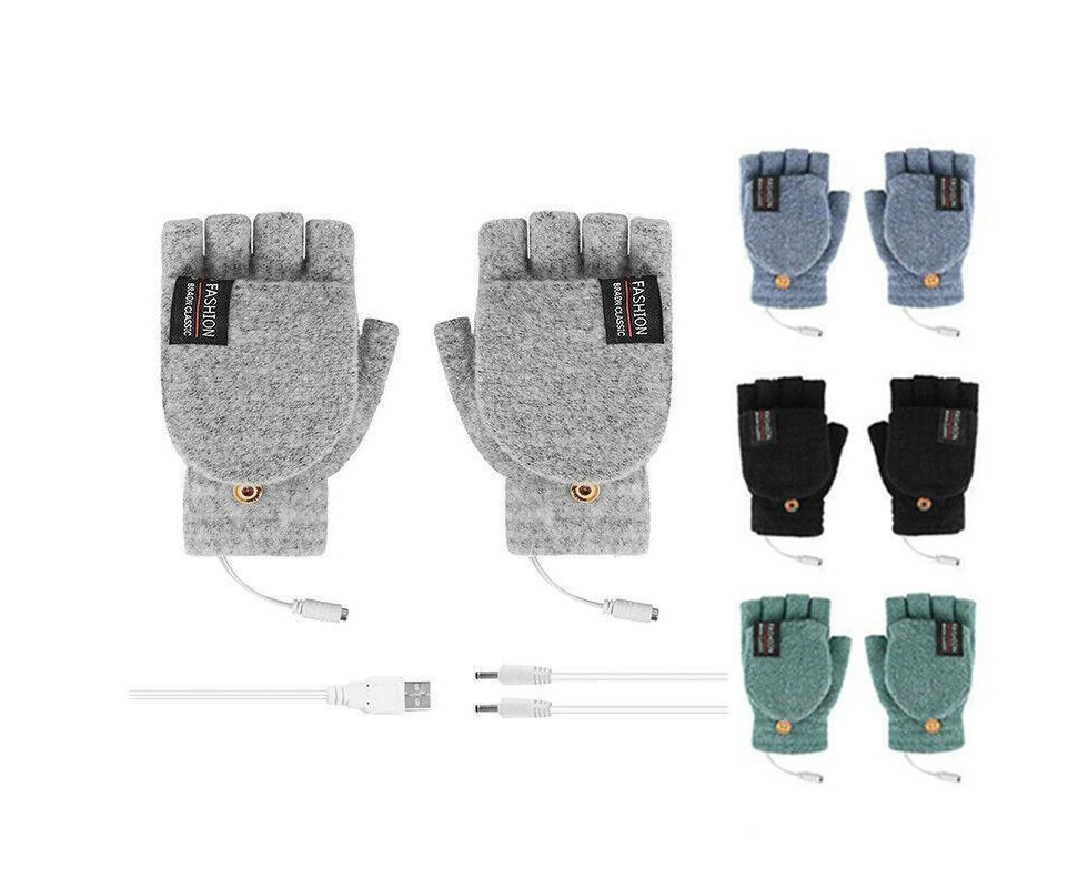 Winter Electric Rechargeable Mitten Heated Gloves Half Finger W/Hat USB Knitted - Blue