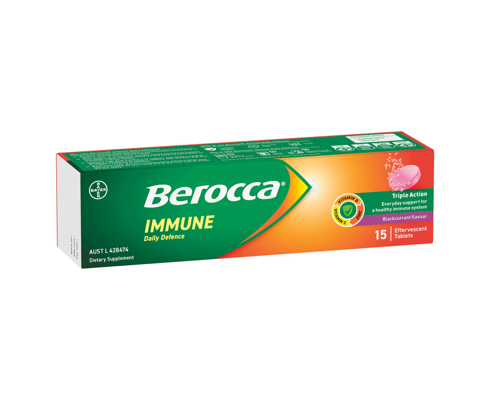 Berocca Immune Daily Defence Vitamin C, D and Zinc, Blackcurrant Flavoured Effervescent Tablets 15 Pack