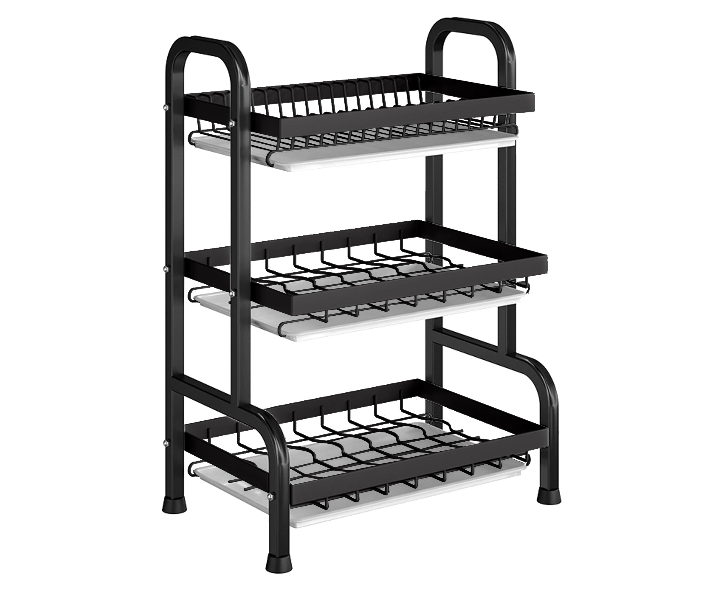 3 Tier Plate Rack Organizer Draining Storage Shelf Bowl Shelves with Water Drip Trays Black