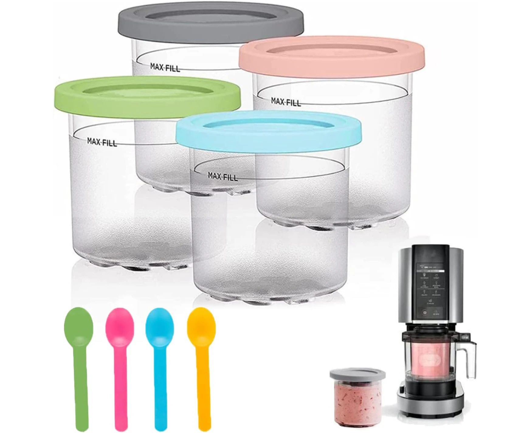 4 Pack Ice Cream Containers Replacement Ninja Creami Pints and Lids with Spoons