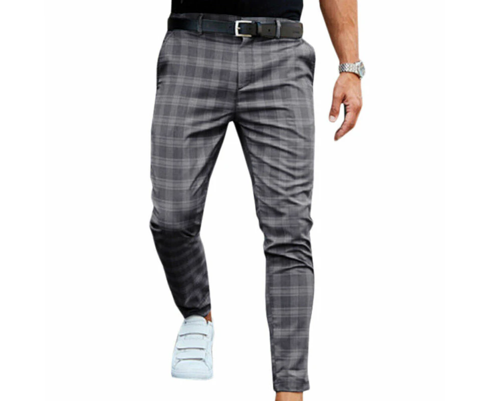 Men Casual Tartan Plaid Print Slim Fit Trousers Skinny Business Office Formal Pants