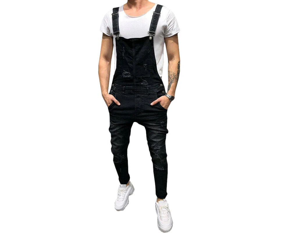 Mens Distressed Ripped Denim Jeans Dungarees Overalls Jumpsuit Bib and Brace Jogger Biker Pants Trousers