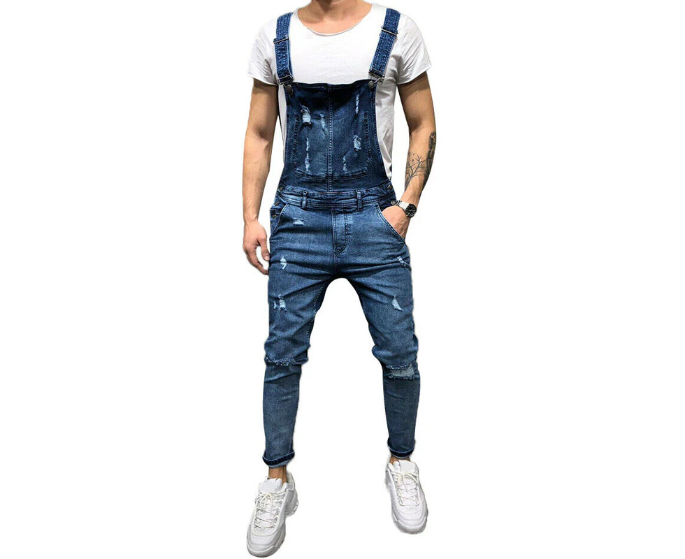 Mens Distressed Ripped Denim Jeans Dungarees Overalls Jumpsuit Bib and Brace Jogger Biker Pants Trousers