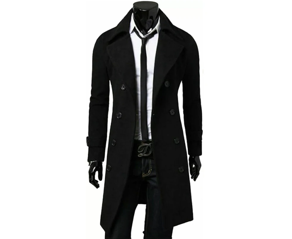 Men Trench Coat Overcoat Double Breasted Work Business Office Long Jacket Coats