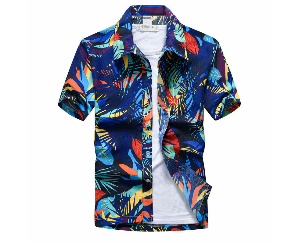 Mens Summer Short Sleeve Flower Leaves Print Hawaiian Shirt Coconut Tree Beach Vacation Aloha Party