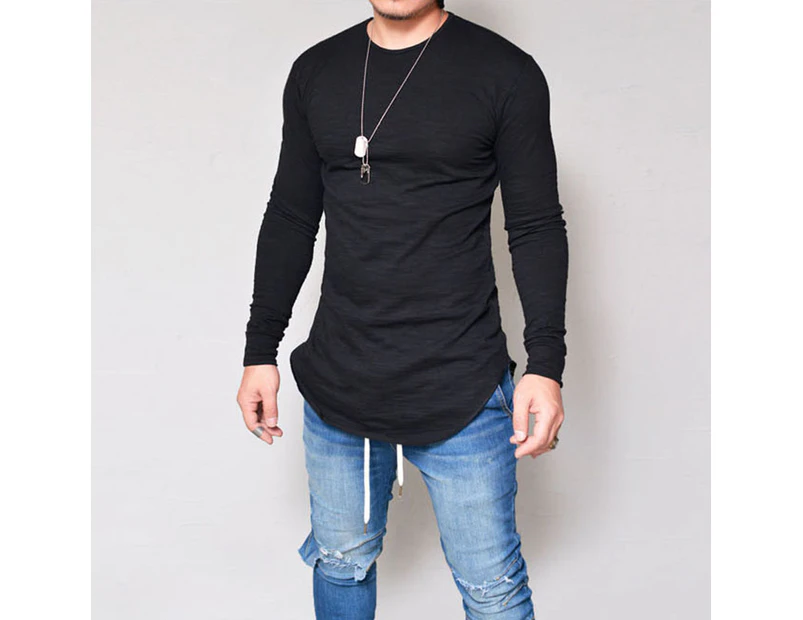 Men Long Sleeve Slim Fit Longline T-Shirt Curved Hem Tee Crew Neck Tops Autumn Winter