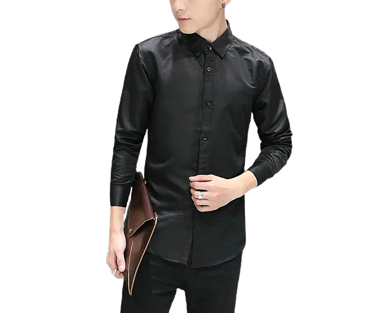 Mens Long Sleeve Solid Basic Casual Lapel Button Down Shirt Top Office Business Everyday