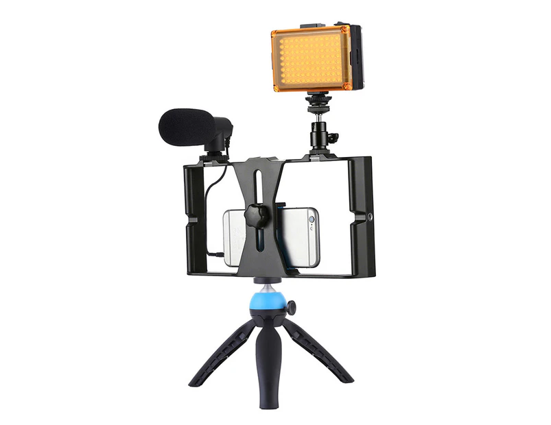 PULUZ PKT3023 Smartphone Handheld Filmmaking Video Rig + 96 LEDs LED Studio Light + Video Microphone + Mini Tripod Mount Kits with Cold Shoe Tripod Head fo