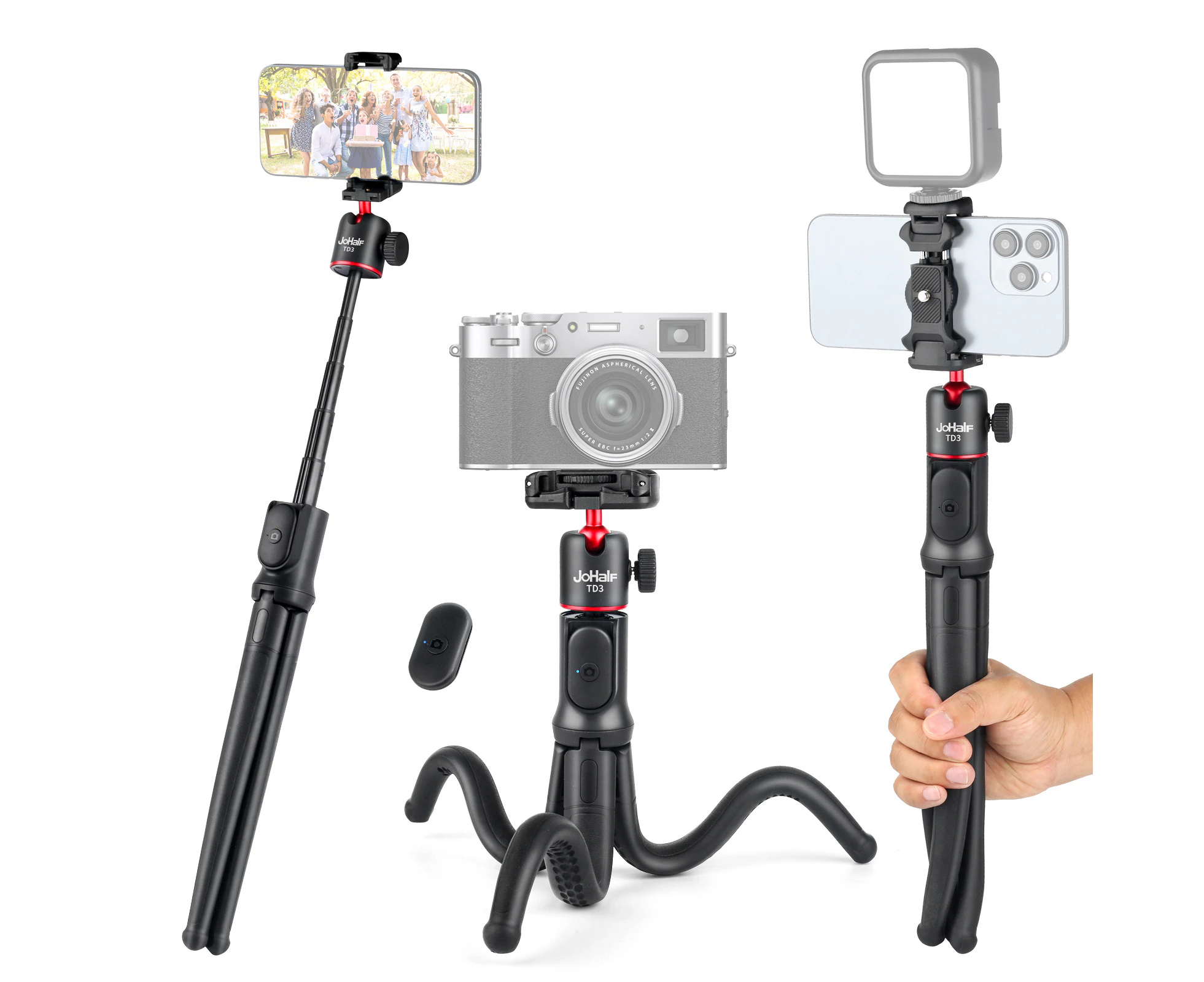 JoHalF Extendable Octopus Tripod Flexible Selfie Stick Tripod Stand with Phone Holder 1/4 Inch Screw Remote Shutter for Mirrorless Camera Sports Camera Sma