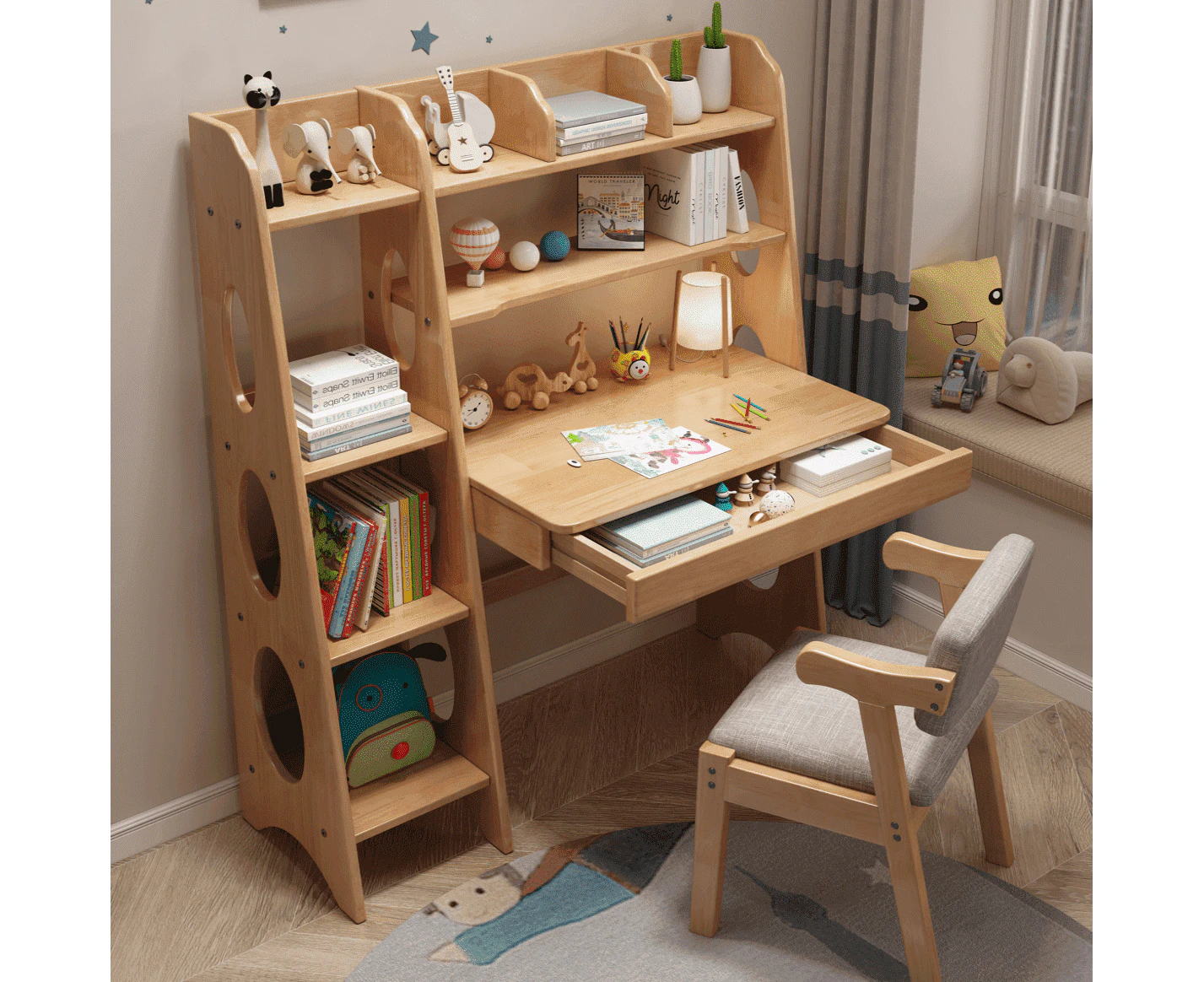 Bryla 130CM Solid Wood Study Desk with Shelves/Bookcase/Rubberwood/Natural wood color