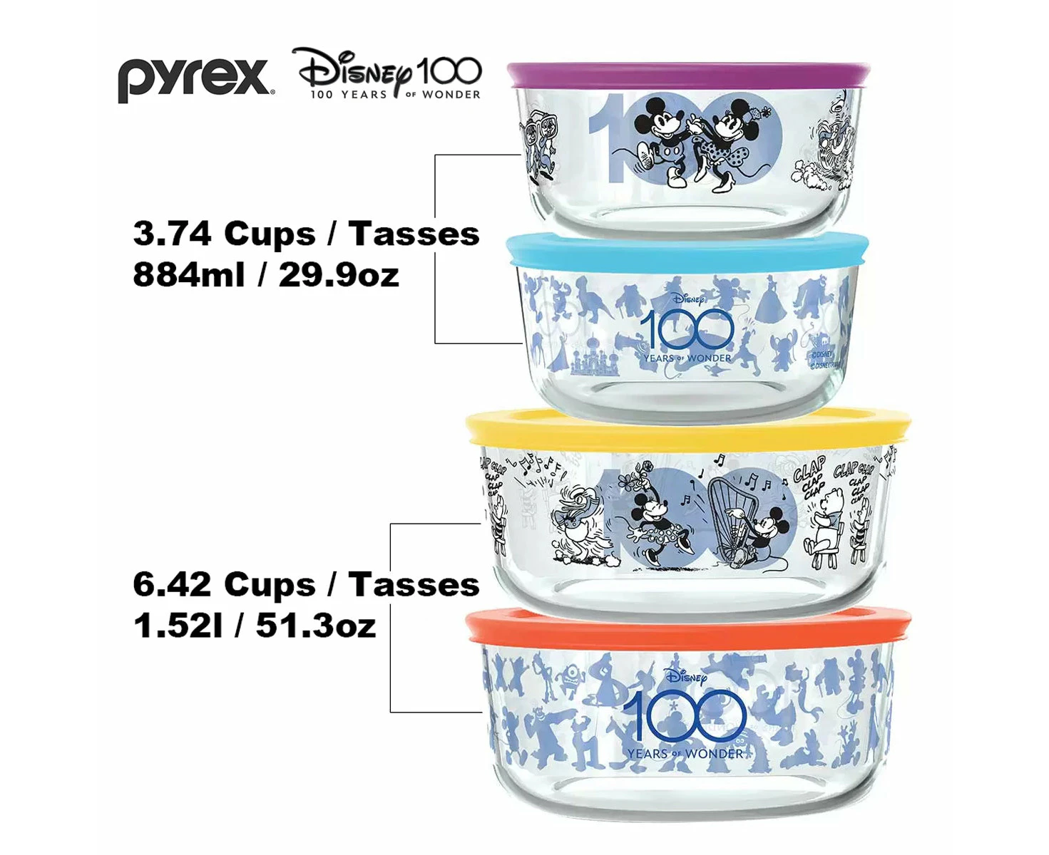 Pyrex 8pcs Glass Food Storage lock Containers with lid Hello Kitty / Star Wars / Mickey Mouse - Disney 100 Years / Mickey Mouse