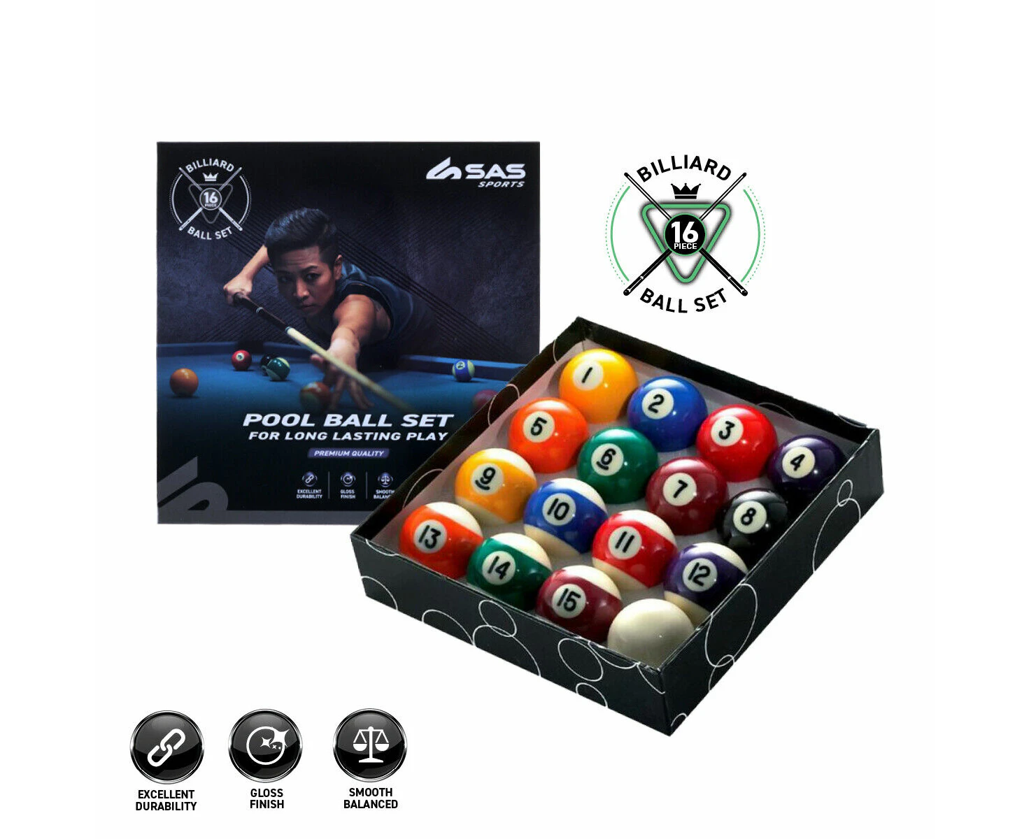 Billiard, Pool/Snooker Ball Set 16/22pcs Sports Aluminium Carry Case AU STOCK - Pool Ball 16Pcs, Boxed Set