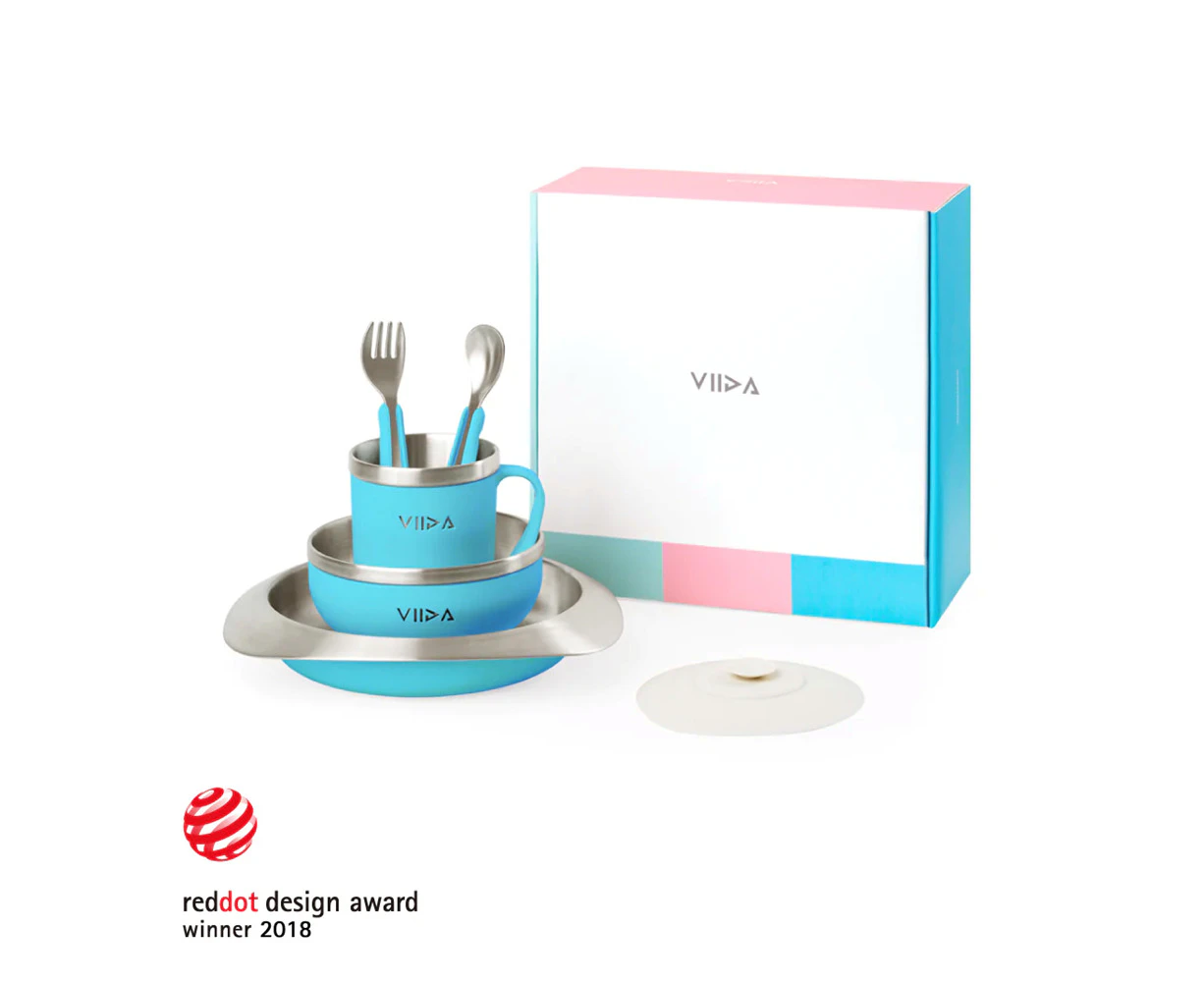 VIIDA - Souffle Stainless Steel Meal Set w Suction Pad - Baby Blue